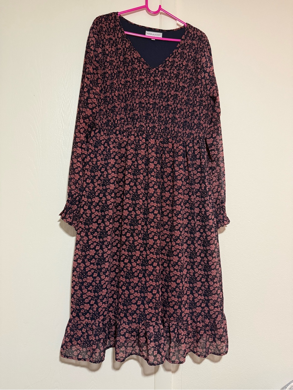 Piper & Scoot Floral Smocked V-Neck Long Sleeve Midi Dress L - Pink and Navy